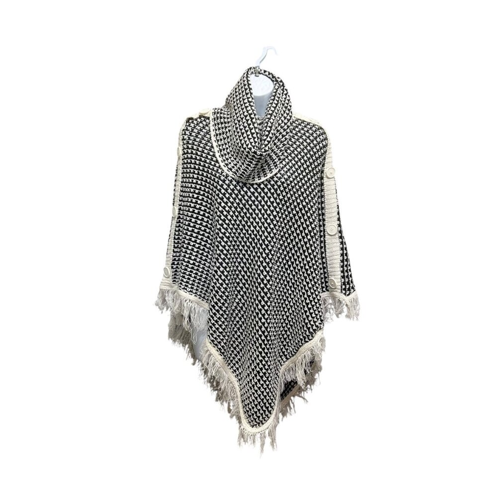 Majora Fringed Poncho Cape Black White Size XL